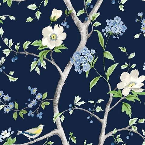 Floral Trail Chinoiserie Navy Blue & Spring Green Peel and Stick Wallp