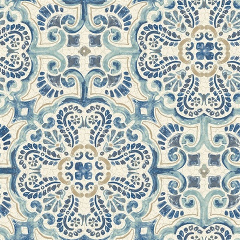 Florentine Blue Faux Tile Wallpaper