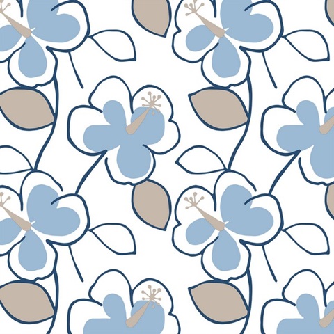 Flower Power Blue, Navy Blue & Taupe Retro Wallpaper