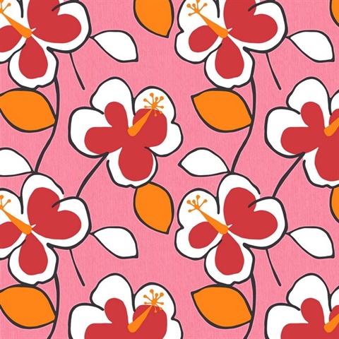 Flower Power Hot Pink, Red & Orange Retro Wallpaper