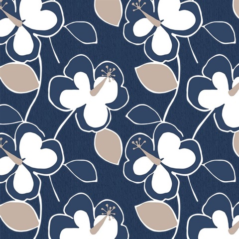 Flower Power Navy Blue & Taupe Retro Wallpaper