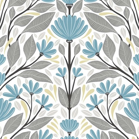 Folk Floral Blue Patina & Wheat Peel and Stick Wallpaper
