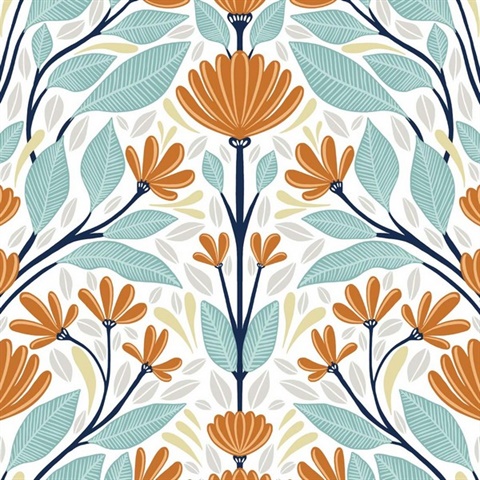 Folk Floral Verdigris & Orange Peel and Stick Wallpaper