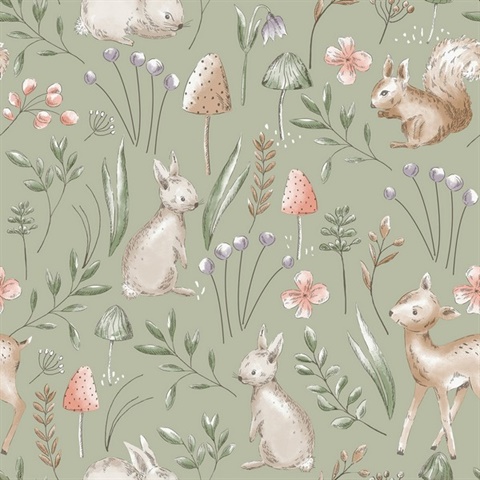 Forest Animals Sage Whimsical Wallpaper