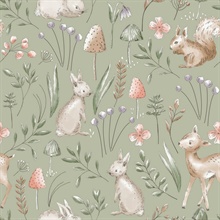 Forest Animals Sage Whimsical Wallpaper