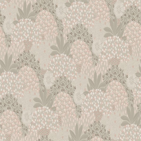 Forest Blush Bloom Motif Floral & Leaf Textured Linen Wallpaper