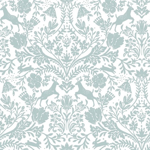 Forest Dance Deer Aqua Damask Wallpaper