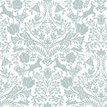 Forest Dance Deer Aqua Damask Wallpaper