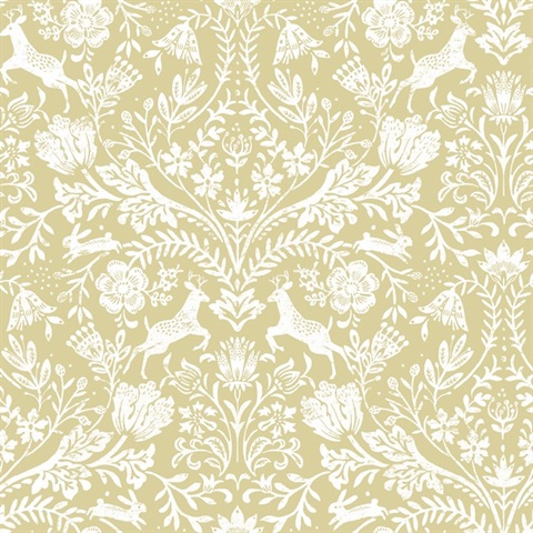 Forest Dance Deer Honey Damask Wallpaper