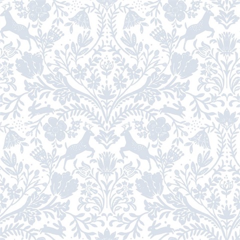 Forest Dance Deer Light Blue Damask Wallpaper
