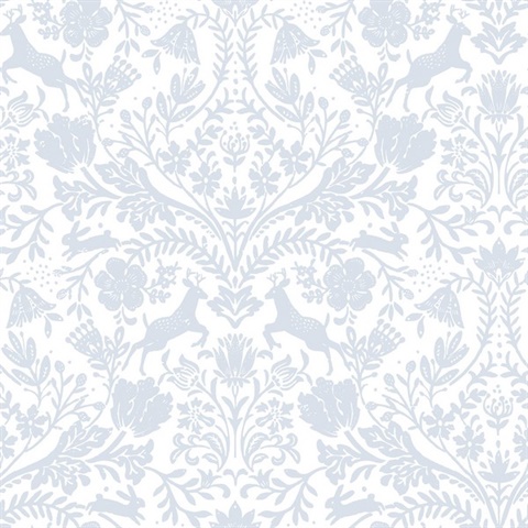 Forest Dance Deer Light Blue Damask Wallpaper