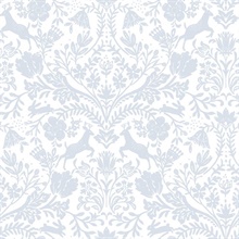 Forest Dance Deer Light Blue Damask Wallpaper