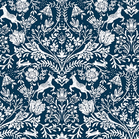 Forest Dance Deer Navy Blue Damask Wallpaper