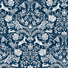 Forest Dance Deer Navy Blue Damask Wallpaper