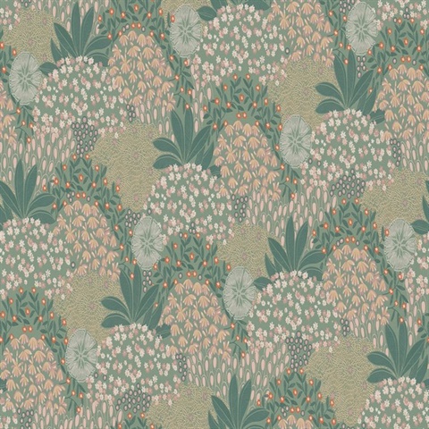 Forest Sage Bloom Motif Floral & Leaf Textured Linen Wallpaper