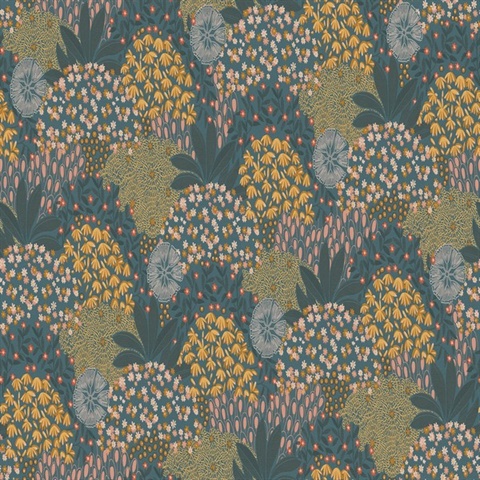 Forest Teal Bloom Motif Floral & Leaf Textured Linen Wallpaper