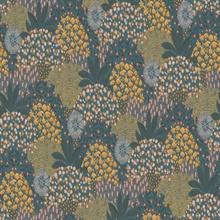 Forest Teal Bloom Motif Floral & Leaf Textured Linen Wallpaper