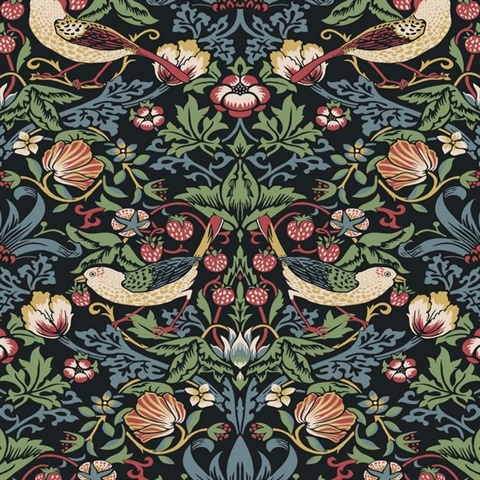 Fragaria Garden Floral & Bird Damask Black Wallpaper