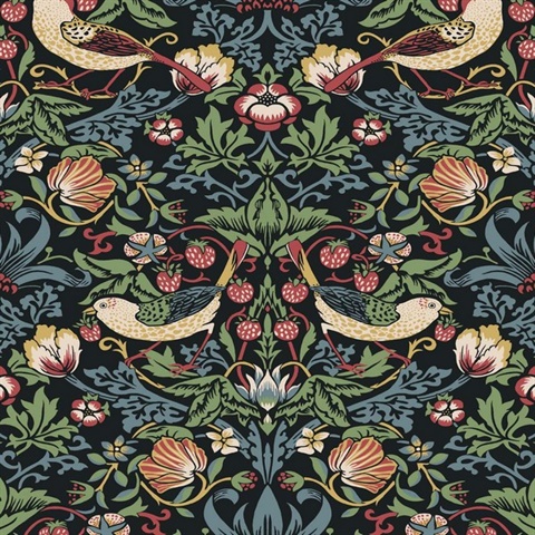 Fragaria Garden Floral & Bird Damask Black Wallpaper