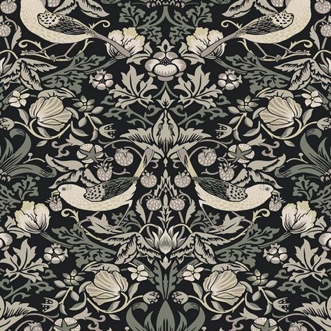 Fragaria Garden Floral & Bird Damask Black Wallpaper