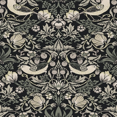 Fragaria Garden Floral & Bird Damask Black Wallpaper