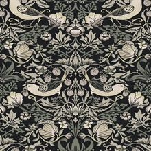 Fragaria Garden Floral & Bird Damask Black Wallpaper