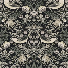 Fragaria Garden Floral & Bird Damask Black Wallpaper