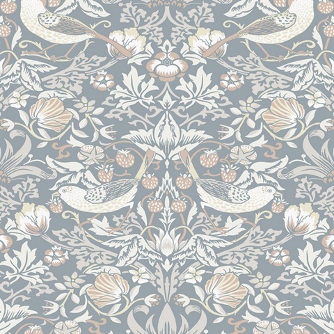 Fragaria Garden Floral & Bird Damask Blue Wallpaper