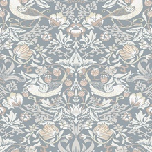 Fragaria Garden Floral & Bird Damask Blue Wallpaper