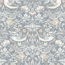 Fragaria Garden Floral & Bird Damask Blue Wallpaper