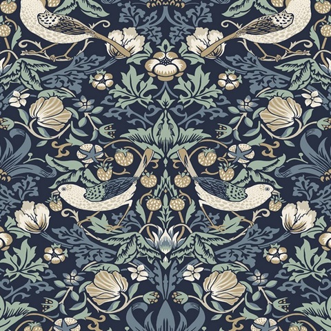 Fragaria Garden Floral & Bird Damask Blue Wallpaper