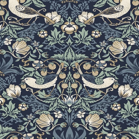 Fragaria Garden Floral & Bird Damask Blue Wallpaper