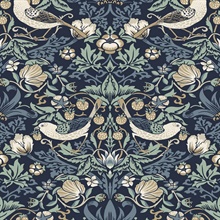 Fragaria Garden Floral & Bird Damask Blue Wallpaper