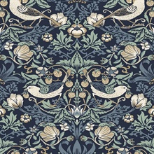 Fragaria Garden Floral &amp; Bird Damask Blue Wallpaper