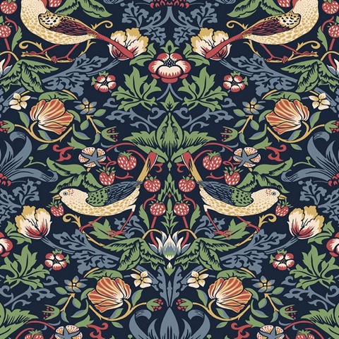 Fragaria Garden Floral & Bird Damask Blue Wallpaper