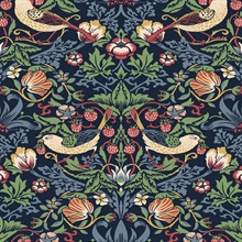 Fragaria Garden Floral & Bird Damask Blue Wallpaper