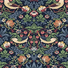 Fragaria Garden Floral &amp; Bird Damask Blue Wallpaper