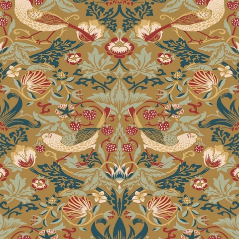 Fragaria Garden Floral & Bird Damask Gold Wallpaper
