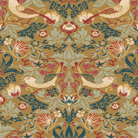 Fragaria Garden Floral & Bird Damask Gold Wallpaper