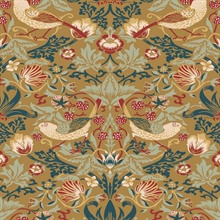 Fragaria Garden Floral & Bird Damask Gold Wallpaper