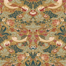 Fragaria Garden Floral &amp; Bird Damask Gold Wallpaper