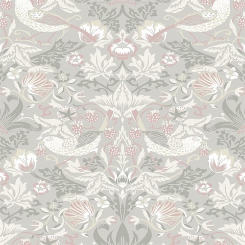 Fragaria Garden Floral & Bird Damask Grey Wallpaper