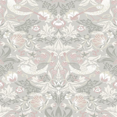 Fragaria Garden Floral & Bird Damask Grey Wallpaper