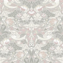 Fragaria Garden Floral & Bird Damask Grey Wallpaper