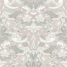 Fragaria Garden Floral &amp; Bird Damask Grey Wallpaper