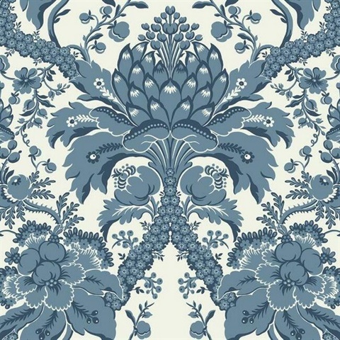 French Artichoke Blue Indigo Damask Wallpaper