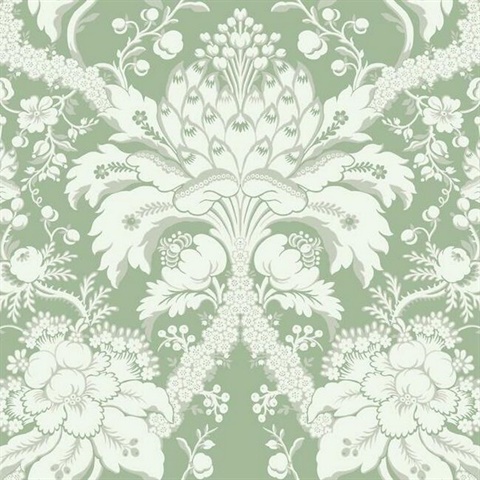 French Artichoke Green Damask Wallpaper