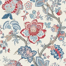 French Blue &amp; Antique Ruby Large Floral &amp; Leaf Bernadette Jacobean Wal