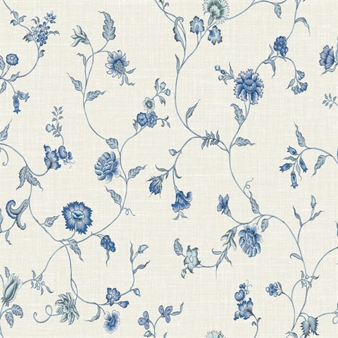 French Blue Floral & Leaf Vine Toile Florale Trail Wallpaper