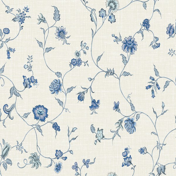 FC61002 | French Blue Floral & Leaf Vine Toile Florale Trail Wallpaper